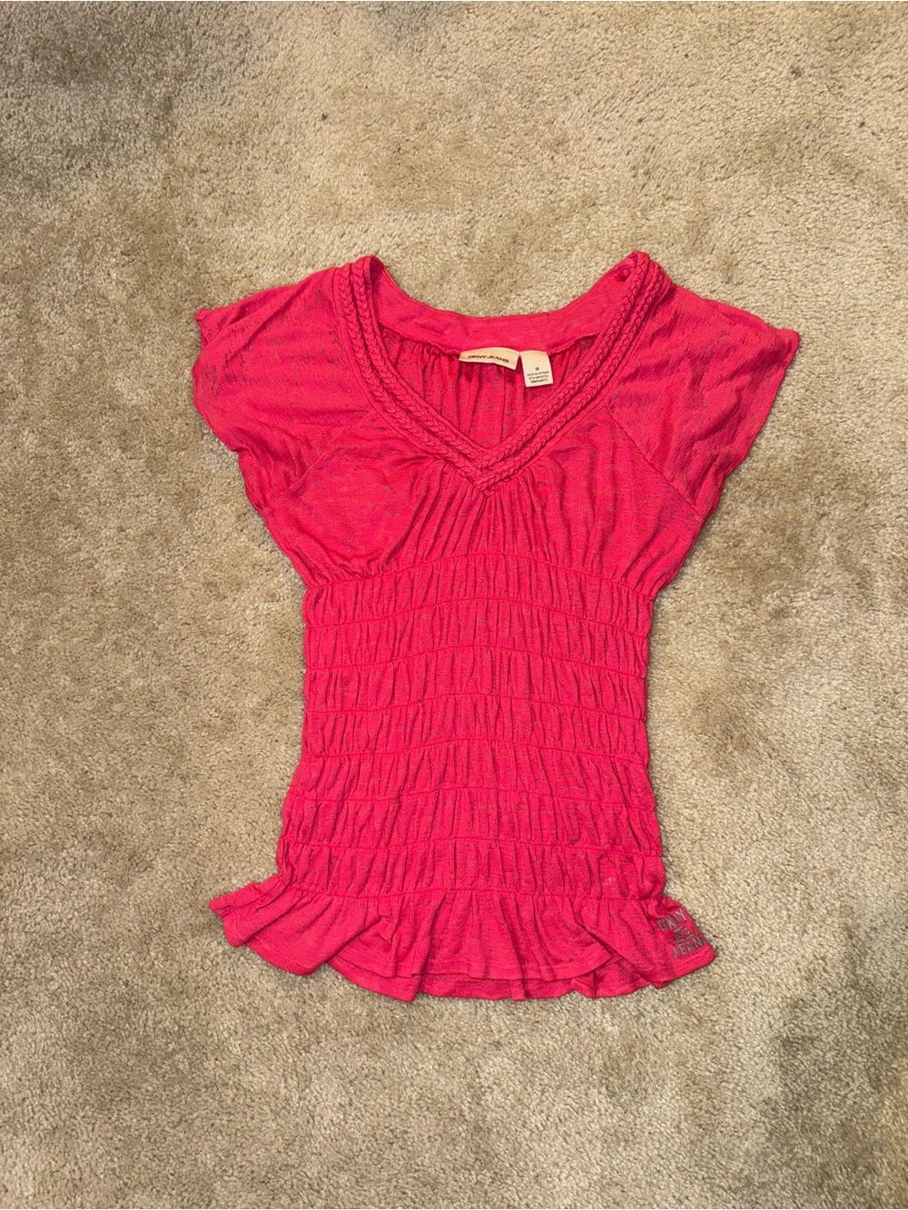 Vintage Y2K DKNY JEANS Smocked Ruched Top Fuchsia Pink Braided V-Neck Boho M